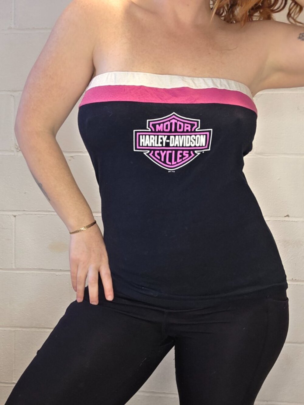 y2k Harley Davidson Bikercore McBling Femi Goth Pink & Black Logo Halter Top